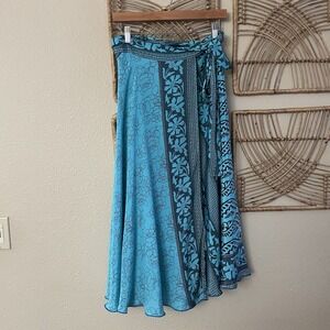 Silk Wrap Midi Reversible Skirt Teal Blue Coastal Vacation Festival Blue OS B38